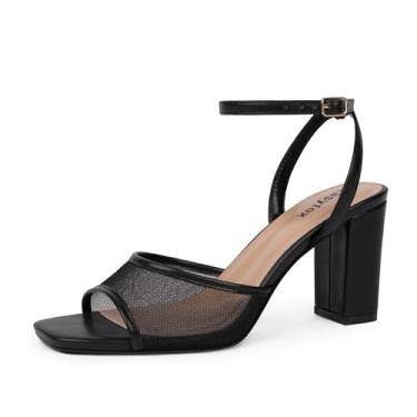 Imagem de Easyfox Sandálias femininas de salto grosso, bico aberto, tira no tornozelo, 7,6 cm, salto alto, vestido de casamento, Malha preta, 41