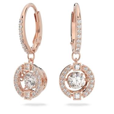 Imagem de SWAROVSKI Brincos de gota perfurados Una com cristal dançante e pavé combinando em uma configuração de acabamento em tom de ouro rosa, parte da coleção Swarovski Una, One Size, Acrílico, Cristal