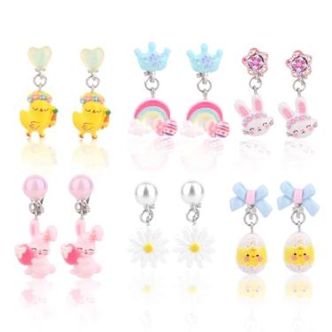 Imagem de 6 Pares Conjunto de Brincos Pressão para Meninas, Resina Sem Furo com Desenhos Coloridos Coelho Arco-Íris Margarida e Pintinho Acessórios Joias e Conjunto para Presente