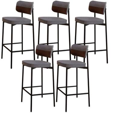 Imagem de Kit 05 Banquetas Alta Bar Cozinha Sala De Jantar Aço Preto Kaira C01 Linho Cinza Courino Whisky - Lyam Decor