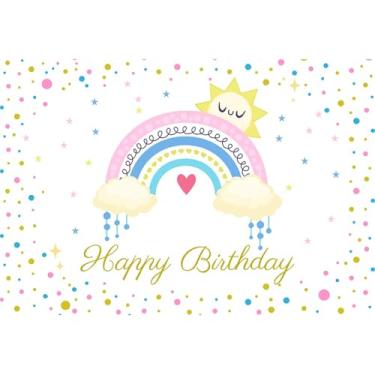 Imagem de Baocicco Pano de fundo fotográfico de feliz aniversário arco-íris 1,5 x 0,9 m com pontos coloridos e estrelas nuvens de sol, fundo fotográfico para chá de bebê, crianças, artigos de festa de