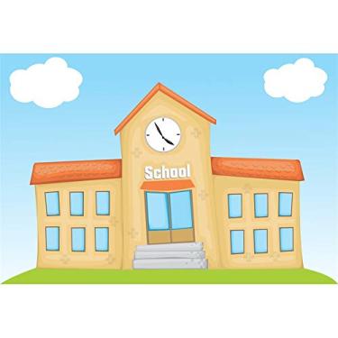 Imagem de Leyiyi Pano de fundo de poliéster de 2,1 x 1,5 m desenho animado escolar, céu azul, nuvens brancas, despertador, fundo fotográfico, retratos pessoais, adereços de estúdio