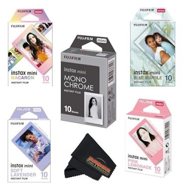Imagem de Fujifilm Pacote de mini filmes variados Instax – 5 estilos exclusivos para câmeras Instax (macaron, monocromático, mármore azul, lavanda, limonada rosa) – 50 folhas no total + pano de limpeza bônus...