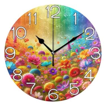 Imagem de GAIGEO Relógio de parede decorativo analógico funky alimentado por bateria relógio de cozinha rústico, retrô moderno art déco decoração de parede flores coloridas iridescentes, 25 cm, ponteiros