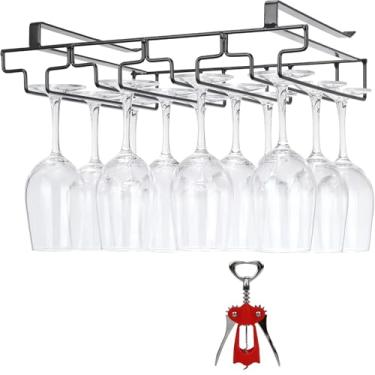 Imagem de Suporte de copo de vinho sob o armário, sem perfuração e suporte de copo sem parafusos, rack de pendurar para copo de vinho de metal, organizador de armazenamento suspenso de aço inoxidável, adequado