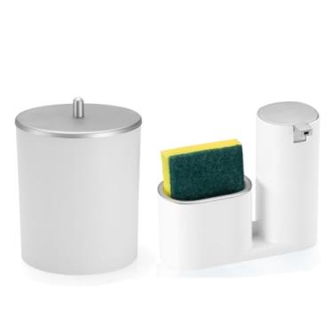 Imagem de Kit Dispenser Detergente e Bucha + Lixeira 5 Litros Cozinha Pia (KIT BRANCO/PRATA)