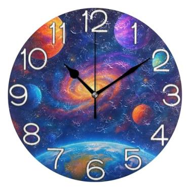 Imagem de GAIGEO Relógio de parede analógico decorativo estético silencioso sem tique-taque relógio de cozinha rústico, decoração de parede de casa de fazenda moderna planetas vivos coloridos, 25 cm, ponteiros