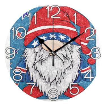 Imagem de GAIGEO Relógio de parede decorativo analógico redondo sem tique-taque silencioso relógio de cozinha rústico, decoração de parede vintage, sala de estar, desenho patriótico gnomo americano, 25 cm
