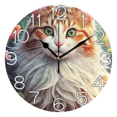 Imagem de Relógio de parede analógico decorativo redondo sem tique-taque silencioso relógio de cozinha rústico, arte de parede boho decoração de casa, gato marrom dourado colorido fofo, 25 cm, ponteiros pretos