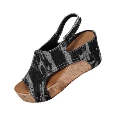 Imagem de As sandálias jeans femininas com salto plataforma proporcionam uma elevação confortável e são perfeitas para atividades diárias de verão, Preto, 35