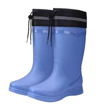 Imagem de Botas de chuva femininas modernas com cordão longo de lã à prova d'água casual confortável exterior interior PVC superior, Azul royal, 34