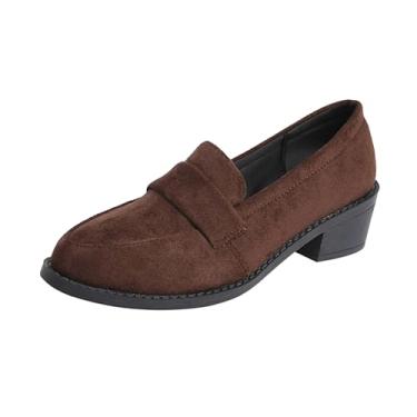 Imagem de Mocassins femininos de bico fino com salto grosso e cor sólida para um visual retrô chique, Marrom, 38