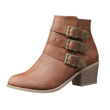 Imagem de Bota feminina estilo ocidental fivela de cinto salto grosso bico redondo tornozelo para outono e inverno moda meio da panturrilha, Marrom, 38