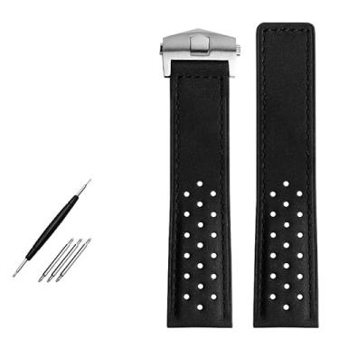 Imagem de HSPTR Pulseira de relógio de couro genuíno de 22 mm para relógios de pulso masculinos da série TAG HEUER MONACO, pulseira de relógio de nobuck com fivela dobrável (fivela prata preta)