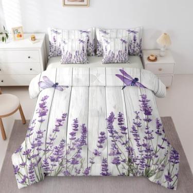 Imagem de Erosebridal Conjunto de edredom completo de lavanda para casa de fazenda, porta de celeiro, 7 peças, para mulheres, meninas, rústico, cottagecore libélula, conjunto de lençol de jardim, floral, placa