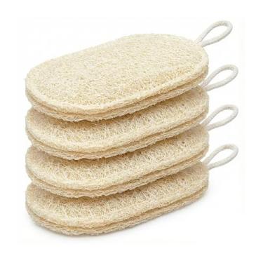 Imagem de AveliaRyn Pacote com 4 esponjas de bucha egípcia premium - esfregão de cozinha natural grande de 12 cm x 7,9 cm - Esponjas compostáveis grossas de camada dupla para pratos - Não arranham, ultra macias