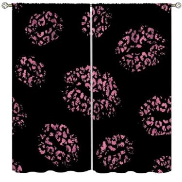Imagem de Fblifil Cortina moderna de lábios de leopardo rosa dia dos namorados boca sexy amor beijo pele de animal de guepardo em preto moderno impresso bolso de haste blackout tratamentos de janela para quarto