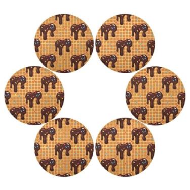 Imagem de Wassud Jogo americano conjunto de 6 tapetes redondos de chocolate com textura de waffle para cozinha e jantar, tapetes laváveis e resistentes ao calor, decoração de mesa 39 cm