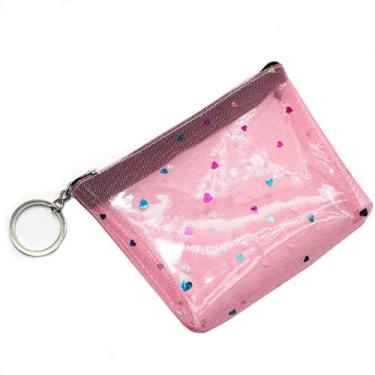 Imagem de Bolsa de moedas transparente de coração feminina de malha com zíper pequena bolsa de moedas portátil mini bolsa de dinheiro, Vermelho