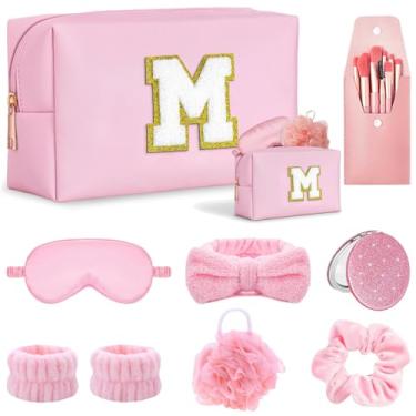 Imagem de Tindisonka Conjunto de presente para mulheres, bolsa de maquiagem inicial M, kit de spa rosa, conjunto de pincéis, faixa de cabeça e pulseiras para cuidados com a pele, lembrancinhas de despedida de