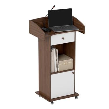 Imagem de Suporte de pódio com rodas de metal Púlpito de madeira Suporte de pódio portátil com armazenamento de recepção móvel pódios para igreja, escritório, escola, conferência, restaurante, reunião, marrom