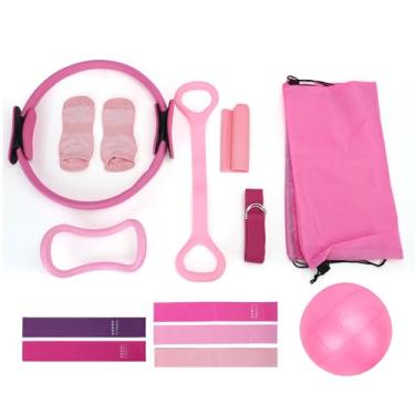 Imagem de SPYMINNPOO Kit de Pilates, Bola de Equilíbrio de 25 Cm, 5 Alças de Látex, Alça Dupla para Exercícios de Escultura, Força e Tonificação (Rosa)