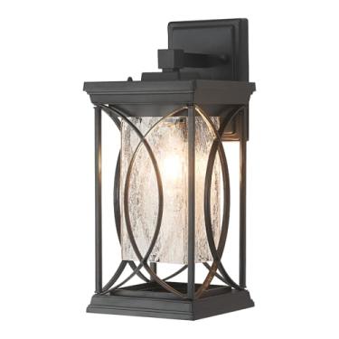 Imagem de Refice Luminária de parede externa de alumínio de 38,5 cm, luzes externas IP65 à prova d'água para casa com sombra de vidro ondulado, luminárias externas pretas para pátio, garagem, porta da frente