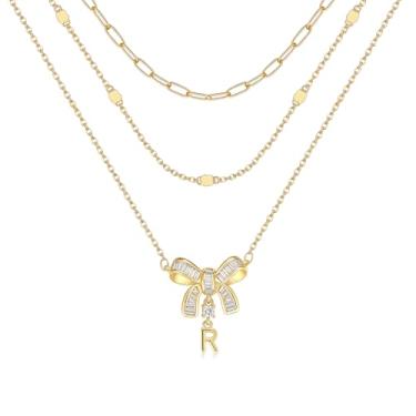 Imagem de YOVIEE Colar feminino com inicial de borboleta, banhado a ouro 14 quilates, 3 camadas, pingente de letra A-Z, colar de corrente de cabo e clipe de papel, nome personalizado, joia delicada, presente