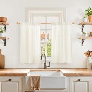 Imagem de YoungsTex Cortinas de linho marfim 91 cm de comprimento, meia cortina pequena semitransparente com bolso traseiro para varão leve para janela de cozinha de café sobre a pia, 2 painéis, 61 x 91 cm
