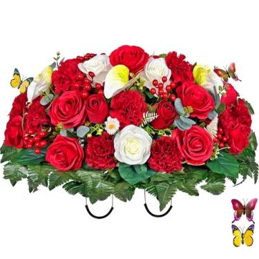 Imagem de Saxili Flor artificial para cemitério, rosa vermelha e branca, ajuste fácil