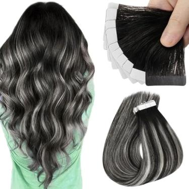 Imagem de Sunny Hair Extensões de cabelo humano real com fita adesiva invisível Remy extensões de cabelo para mulheres ombré raiz preta natural para cinza prateado 50,8 cm 25G