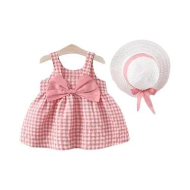 Imagem de Conjunto De Vestido De Verão Xadrez Para Meninas Com Chapéu De Laço, R