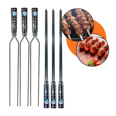 Imagem de Kit 6 Espetos Churrasco Aço Inox Assar Chato Duplo Cabo Revestido Alum
