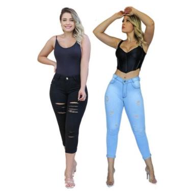 Imagem de Kit 2 Calça Jeans Feminina Capri Rasgada Levanta Bumbum Pronta Entrega