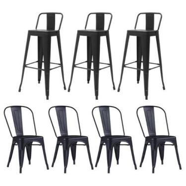Imagem de Kit 4 Cadeiras e 3 Banquetas Iron Tolix com Encosto, Aço Carbono, Indu