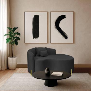 Imagem de Divã Recamier Curvo Sala De Estar Recepção 150cm Pés Metal Dourado Lado Direito Linho Preto