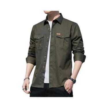 Imagem de Camisa Cargo Masculina 100% Algodão De Manga Longa Com 2 Bolsos, Casua