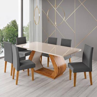 Imagem de Conjunto Sala de Jantar 6 Lugares Retangular Tampo de Vidro Mdf Tactel Mel/Off White/Cinza