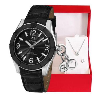 Imagem de Relógio Feminino Champion Ana Hickmann Preto Couro AH20060D Colar e Br
