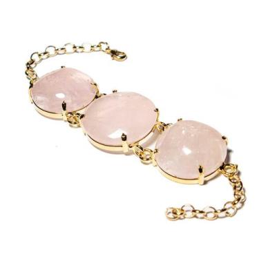 Imagem de Bracelete 3 Pedras Quartzo Rosa Lapidação Cabochão - CristaisdeCurvelo