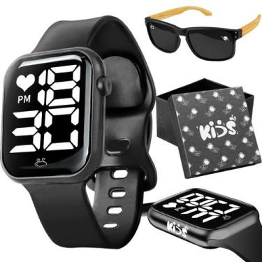 Imagem de Relogio Digital Infantil + Caixa + Oculos Sol Proteção UV haste madeir