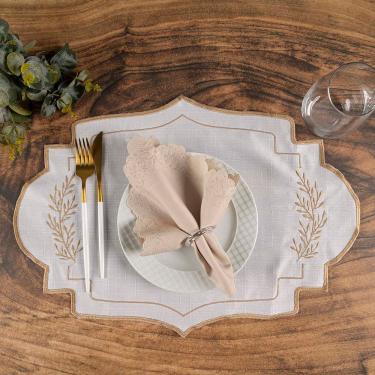 Imagem de Jogo Americano Requinte Marfim 12 Peças 100% Poliéster Bordado Elegante para Mesa de Jantar Clara Luz Decora