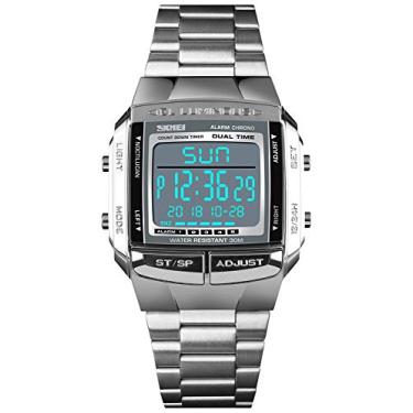 Imagem de FANMIS Relógio digital unissex de luxo, multifuncional, cronômetro, alarme, retroiluminação, resistente à água, Prata, Digital