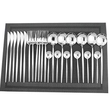Imagem de Conjunto de talheres Gugrida 24 peças – Conjunto de facas de aço inoxidável 18/10, utensílios reutilizáveis, garfos, colheres e talheres polidos espelhados, ótimo para reuniões de família e uso diário (conjunto com 4, arco-íris), Prata, Service For 6, 1