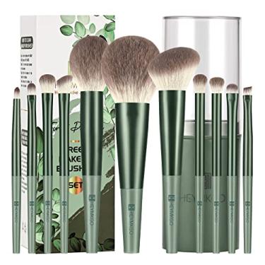 Imagem de HEYMKGO Pincéis de maquiagem 11 peças de cerdas sintéticas premium cor verde pincel base Kabuki pincel rosto lábios olhos maquiagem conjuntos profissionais com caixa de presente