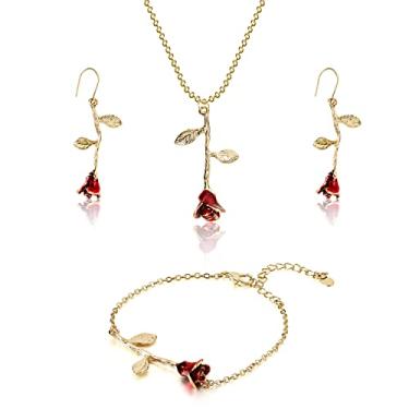 Imagem de Conjunto de brincos de pulseira colar de flores com pingente de rosa personalizado colar de rosa longo pulseira de corrente rosa vermelha tornozeleiras de praia flor rosa gancho pendurado brincos para meninas adolescentes mulheres
