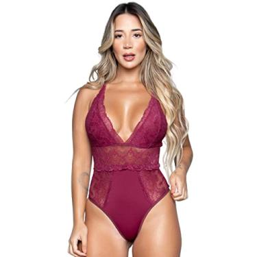Imagem de Body Feminino Bella Fiore Modas Sem Bojo Com Renda Decote Profundo E Costa Cruzada Tamanho:M;Cor:Vermelho Escuro
