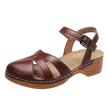 Imagem de Sandálias com tiras para mulheres sandálias com tira salto redondo dedo do pé sandálias respiráveis de verão feminino fivela sapatos femininos (marrom, 37)