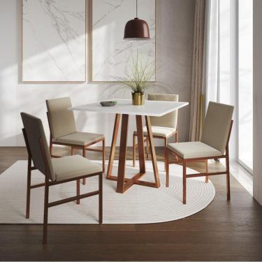 Imagem de Conjunto de Jantar Mesa Mônaco 90cm Tampo Branco com 4 Cadeiras Bege Base Cobre
