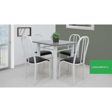 Imagem de Conjunto mesa de jantar aço 80cm com 4 cadeiras m-dri tampo granito verdadeiro 15mm cor branca assento preto quadrada cozinha
